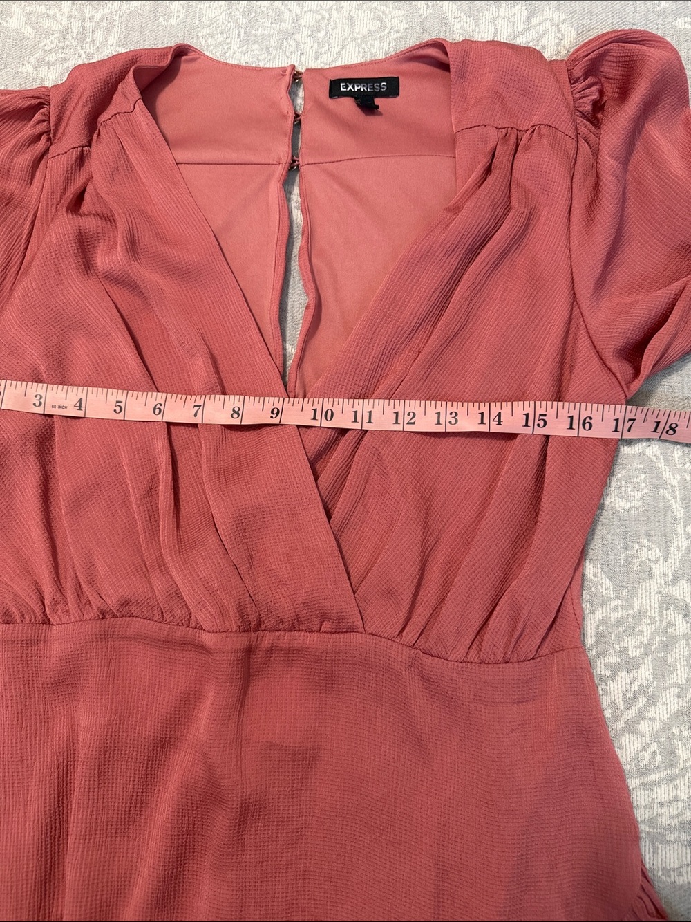 EXPRESS | Ruched Ruffle Faux Wrap Mini Dress - Picture 4 of 7